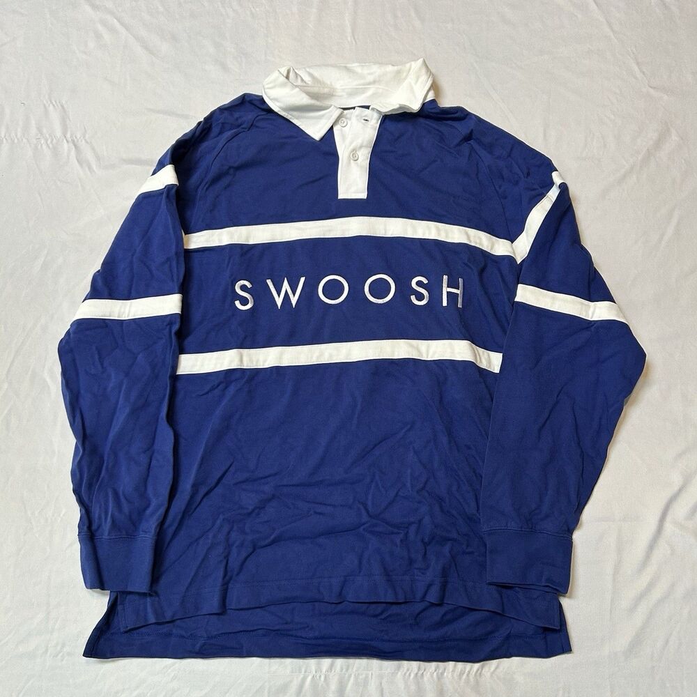 Nike Swoosh Long Sleeve Rugby Polo Shirt Blue Mens Size L